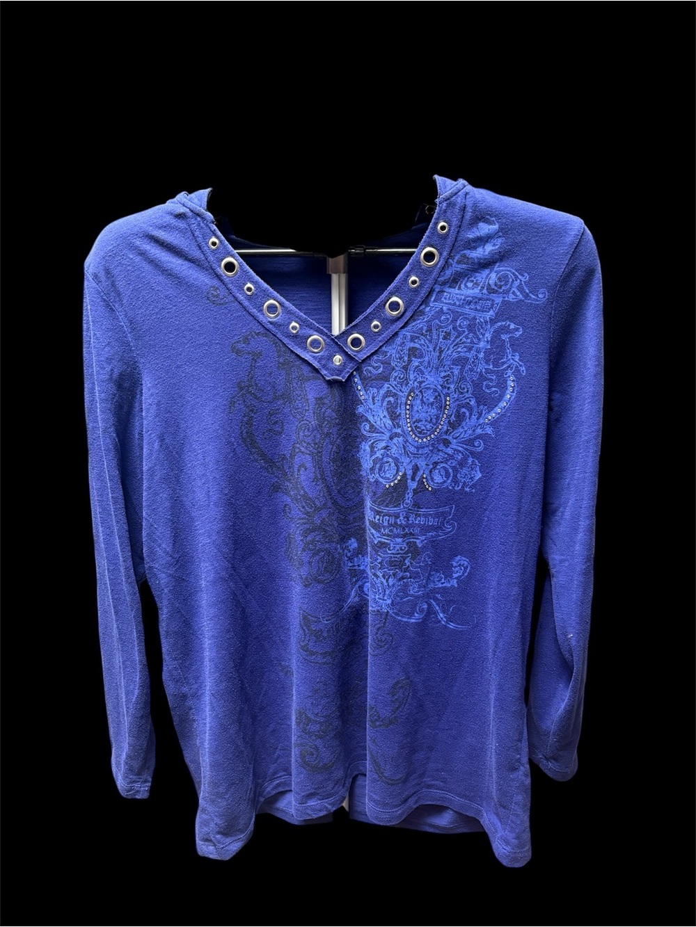 Dex Blue V-Neck Eyelet Long Sleeve Top with Hood